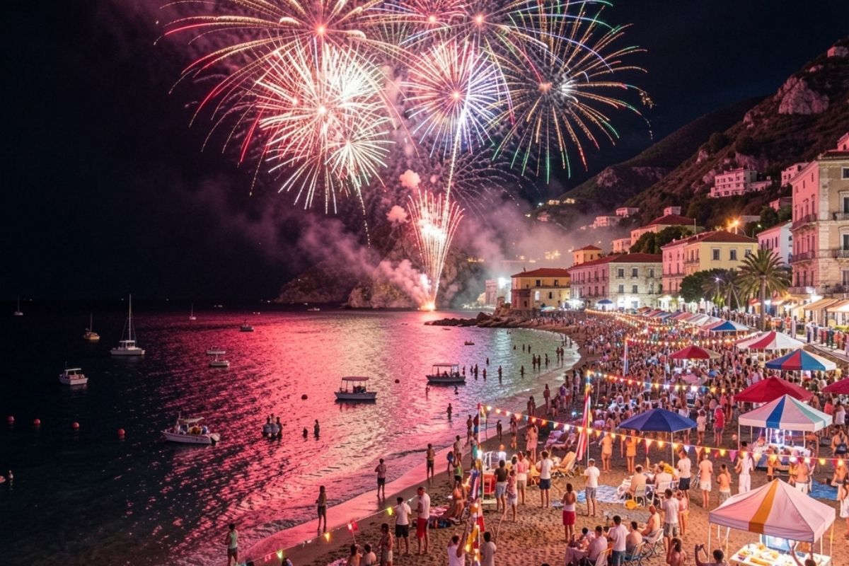 Festa di Ferragosto a Soverato con fuochi d'artificio e festeggiamenti sulla spiaggia
