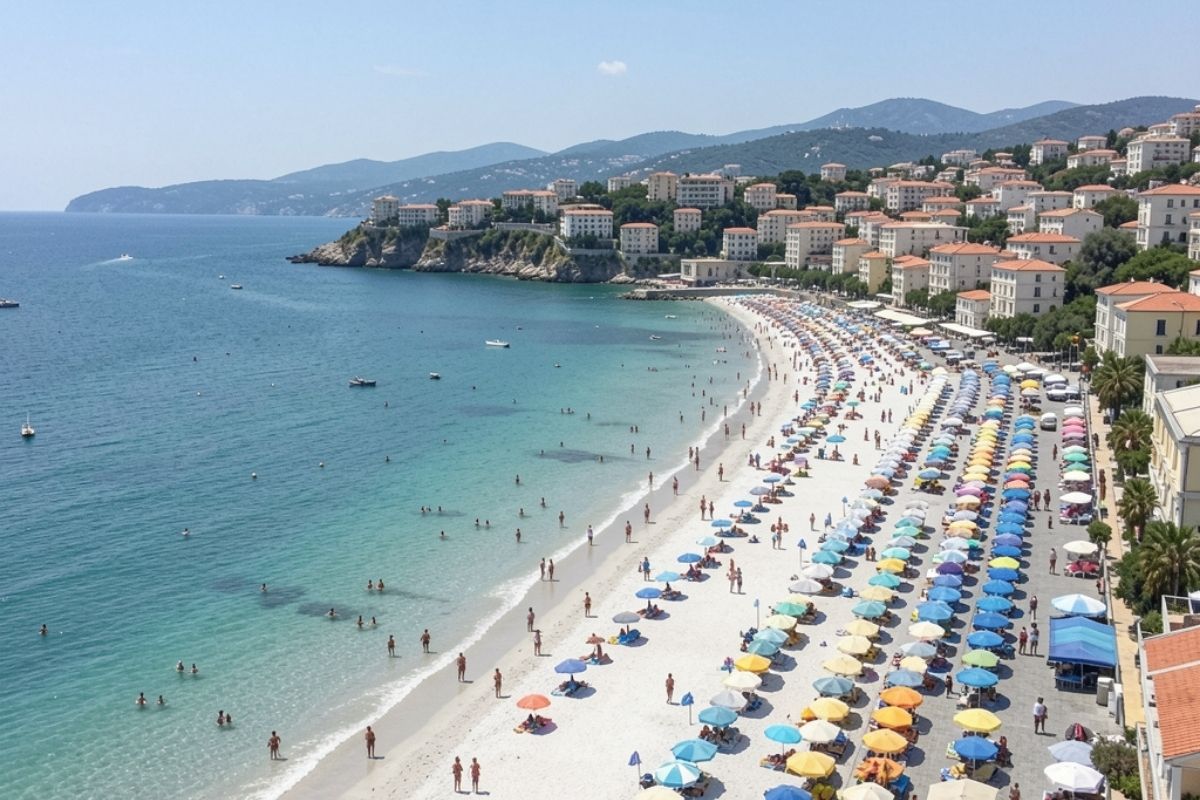 Vista panoramica di Soverato con le sue spiagge bianche e il lungomare affollato